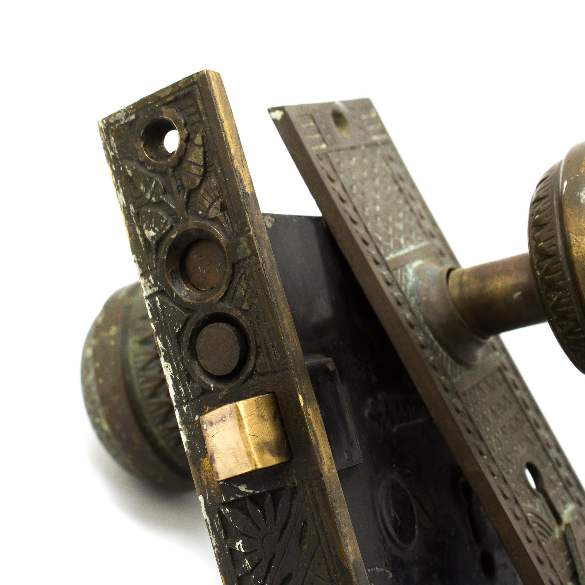 this is a complete vintage Victorian mortise lock set with door knobs and escutcheons