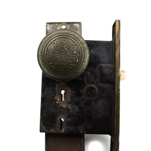 this is a picture of the door knob and mortise body on a vintage Victorian mortise lock and door knob set