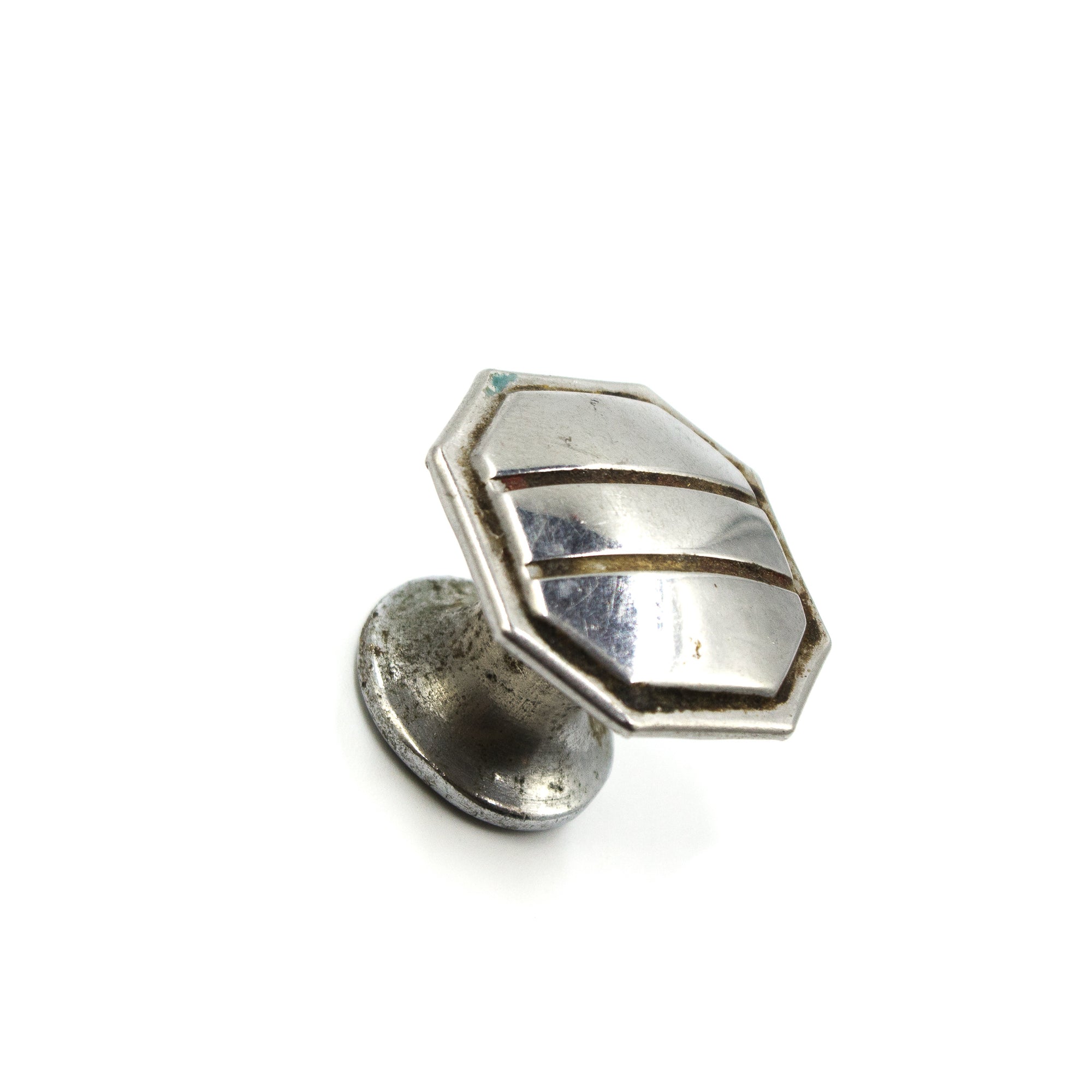 this is a vintage mid century octagonal chrome cabinet or drawer pull knob 