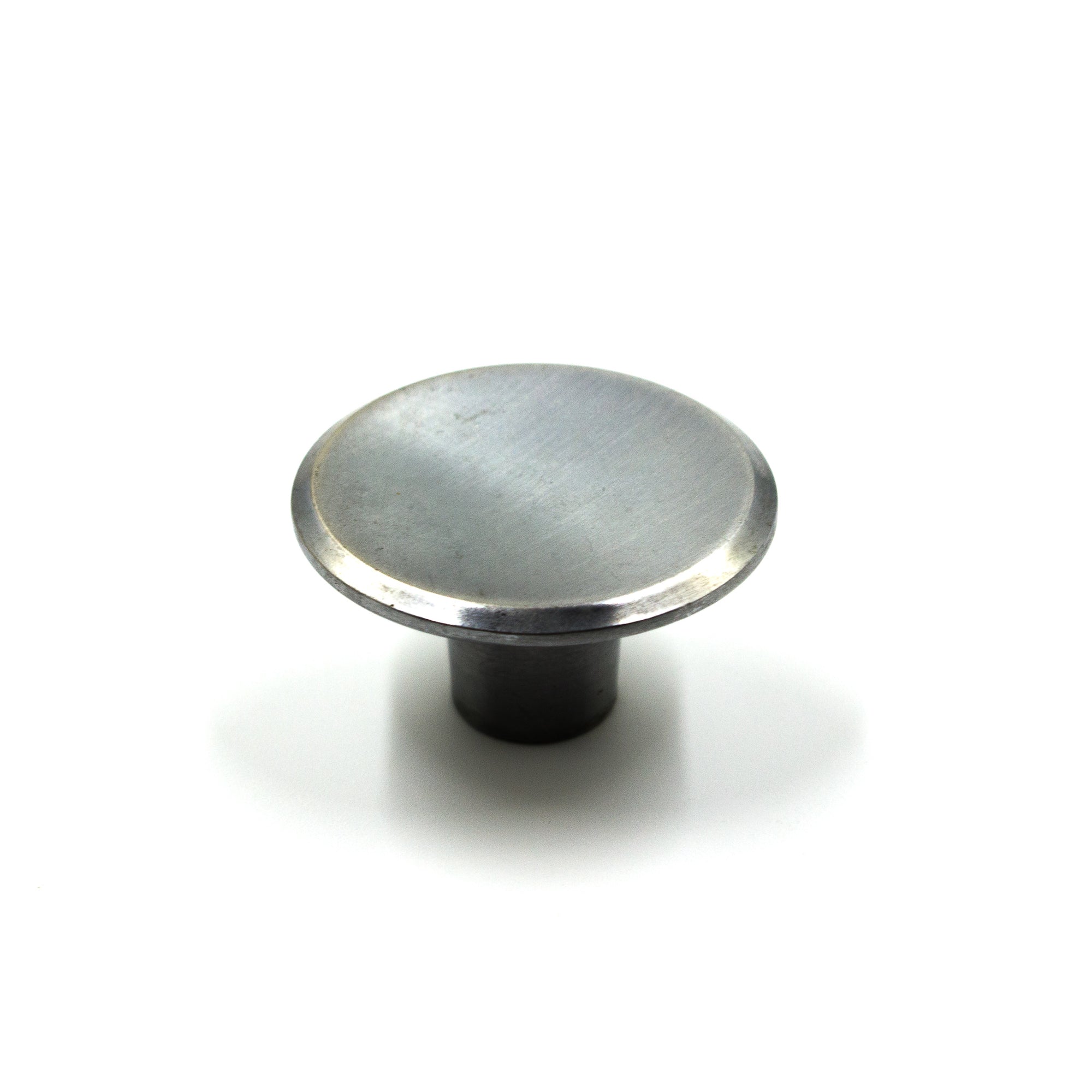 this is a brushed nickel vintage mid century cabinet or drawer pull knob