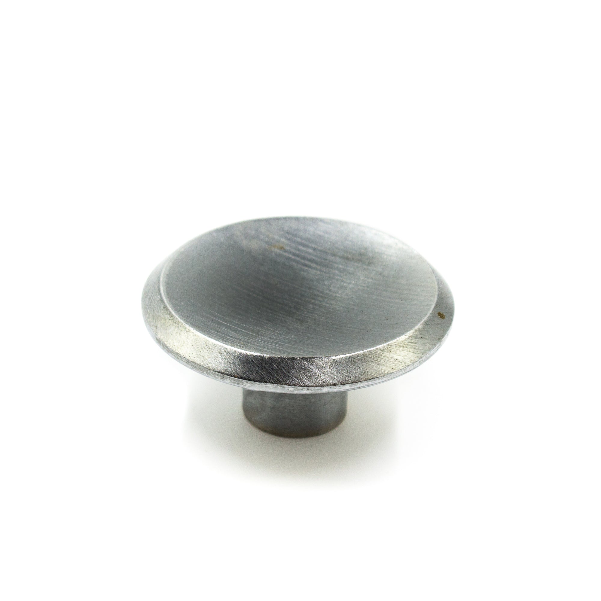 this is a vintage mid century brushed nickel concave drawer or cabinet pull knob