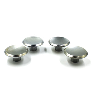 this is the side view of a set of four vintage mid century brushed nickel cabinet or drawer pull knobs