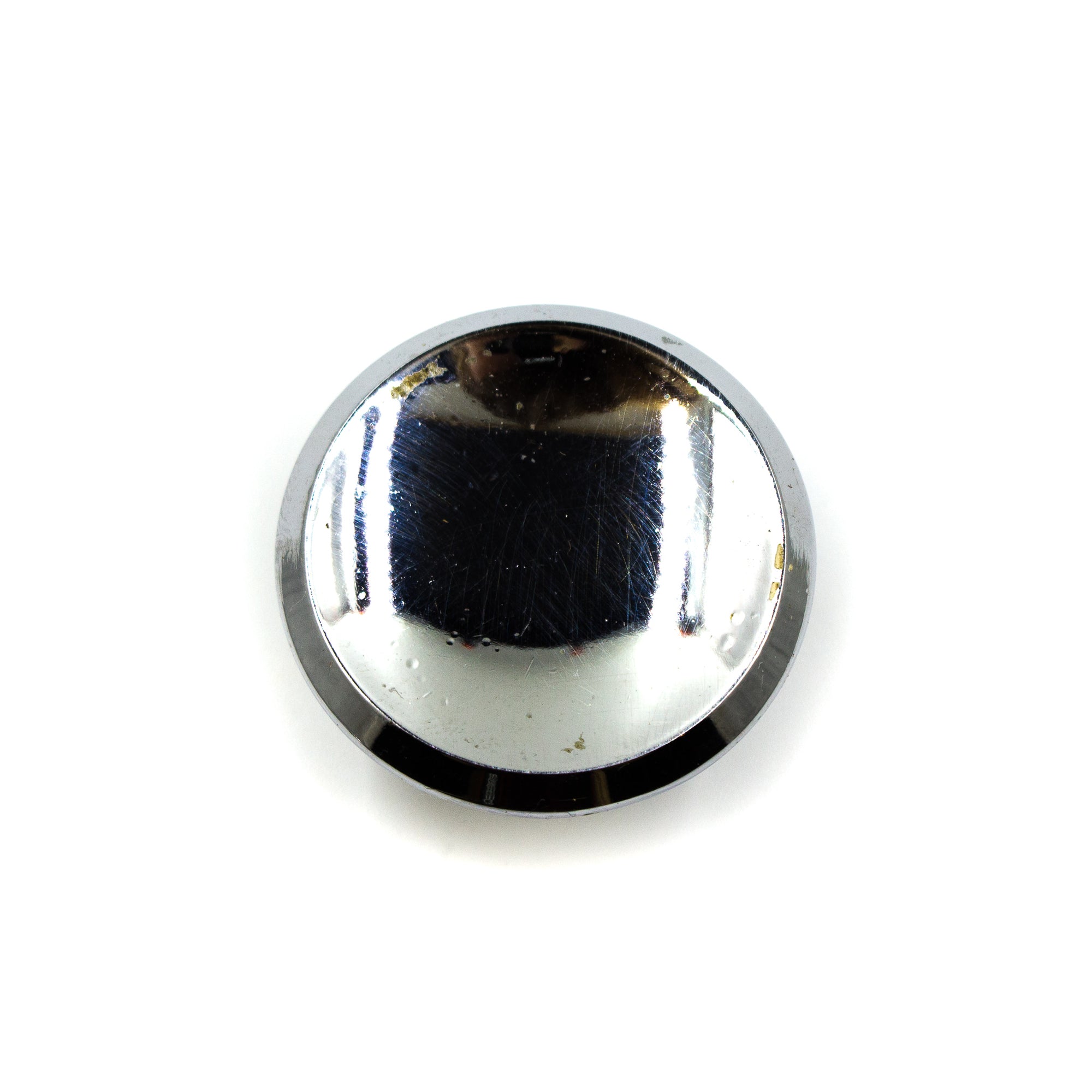 this is the side view of a vintage mid century shiny chrome cabinet or drawer pull knob