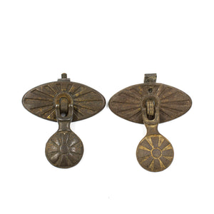 this is a pair of antique vintage drop pulls with wide bases