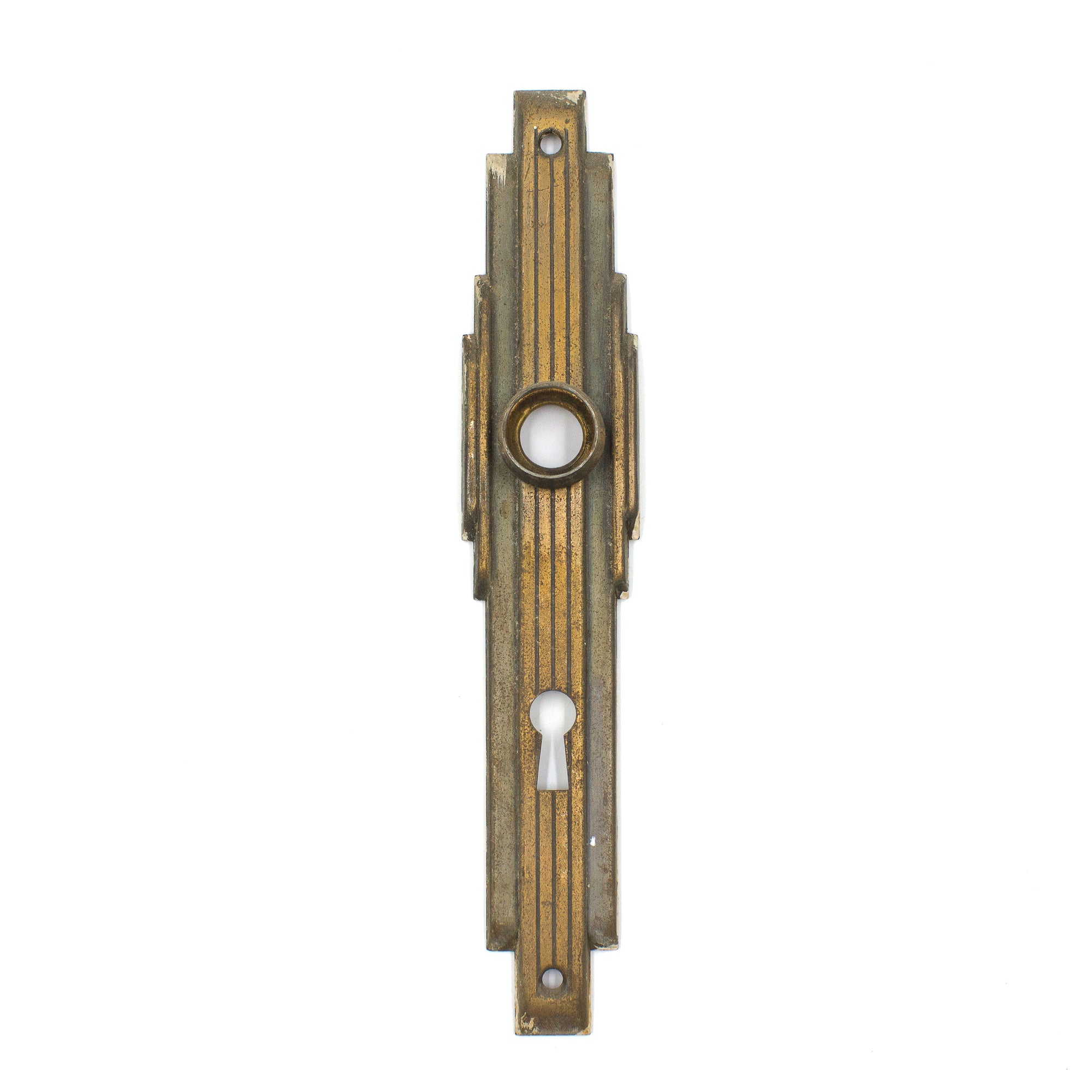 this is a brass vintage mid century art deco escutcheon with a keyhole