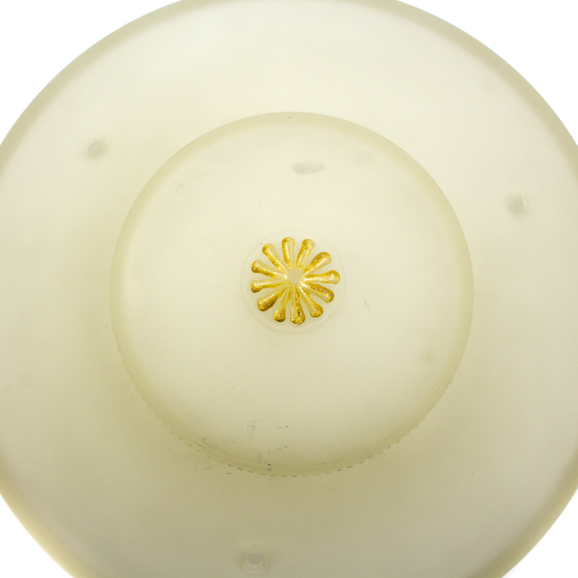 this is the top view of the yellow floral detail on a vintage mid century frosted glass three chain shade