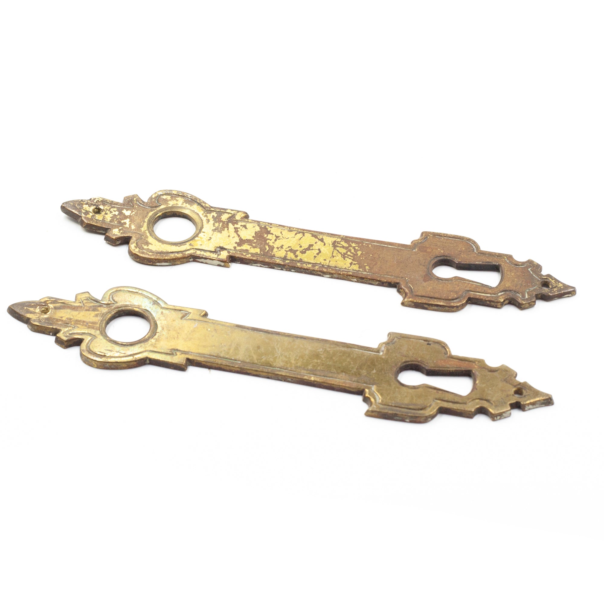 this is a pair of antique vintage brass escutcheons, one has heavy wear on it